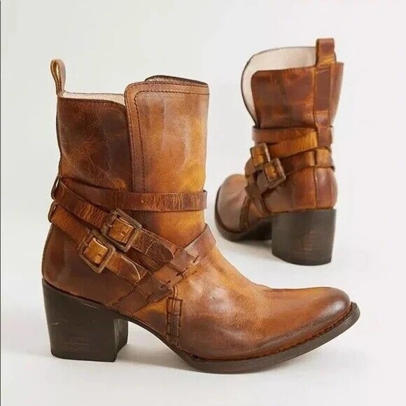Free Bird Shoes - Free Bird Saint Leather Ankle Bootie Cognac Burnished Brown Boots Size 7 H13913